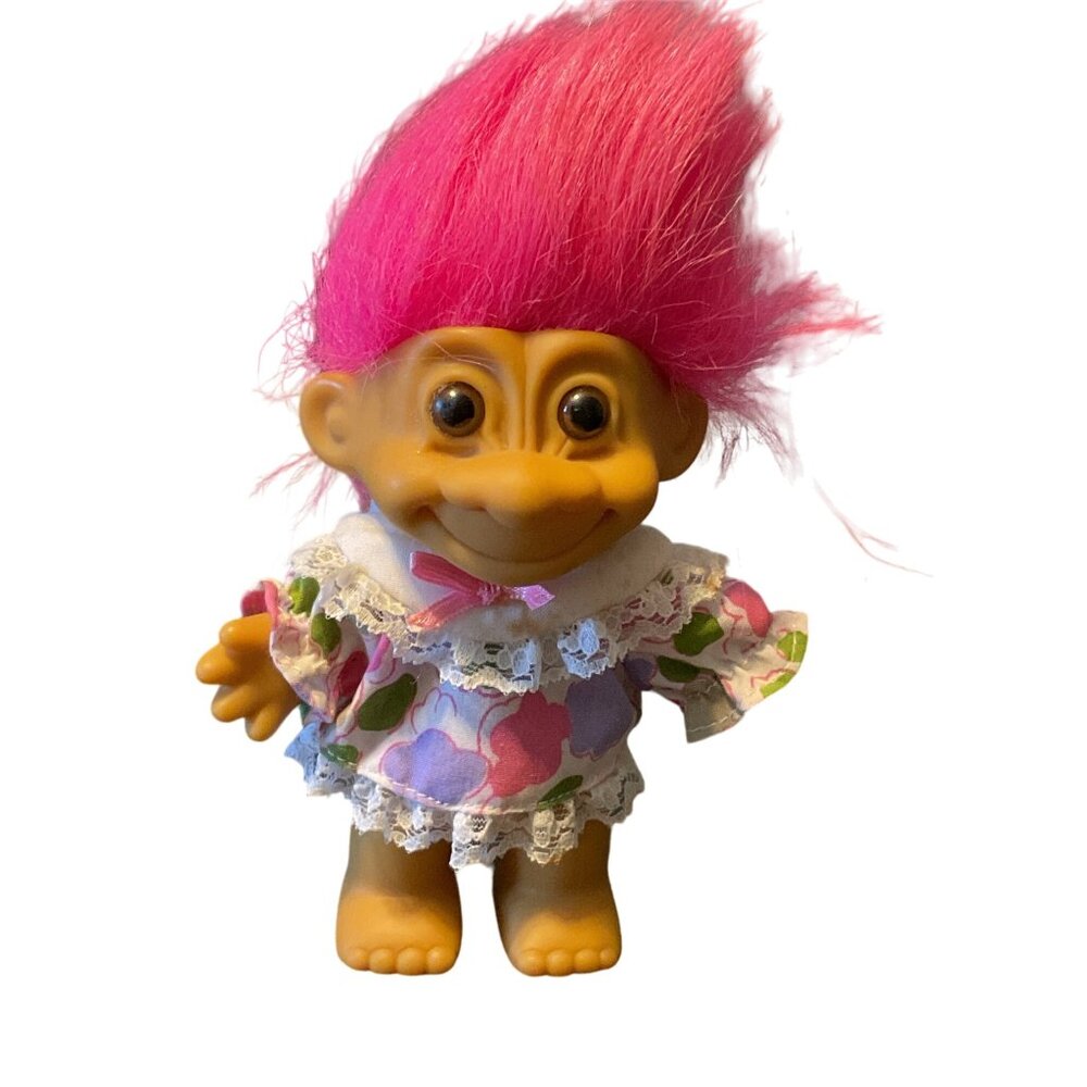 Vintage Russ Troll Doll With Pink Hair & Floral Dress